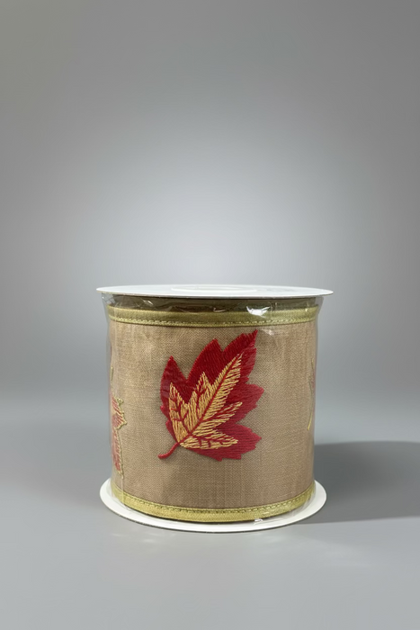 Embroidered Fall Leaves on Brown John Mark Ribbon: 4in wide x 5yd