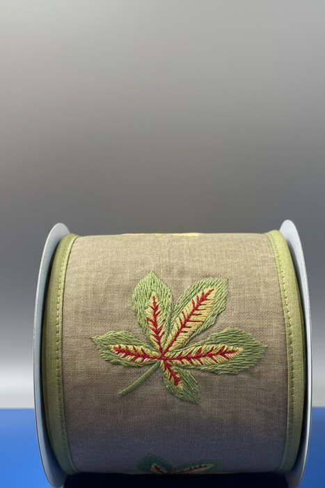 Embroidered Fall Leaves on Brown John Mark Ribbon: 4in wide x 5yd