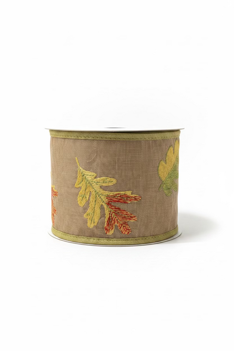 Embroidered Fall Leaves on Brown John Mark Ribbon: 4in wide x 5yd
