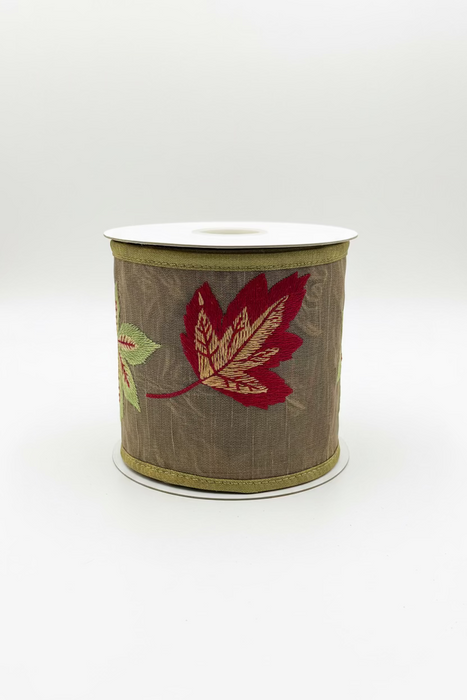 Embroidered Fall Leaves on Brown John Mark Ribbon: 4in wide x 5yd