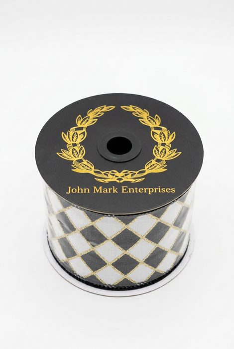 Harlequin Sequin Dupion Fused Piping Black/White/Gold- 4x5 yards. John Mark Ribbon