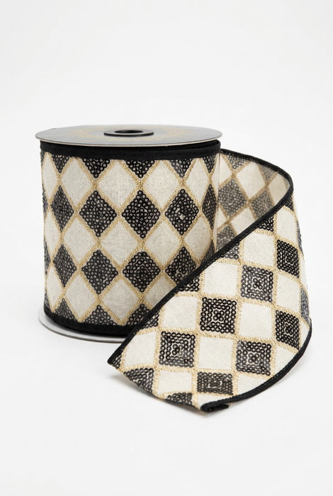 Harlequin Sequin Dupion Fused Piping Black/White/Gold- 4x5 yards. John Mark Ribbon