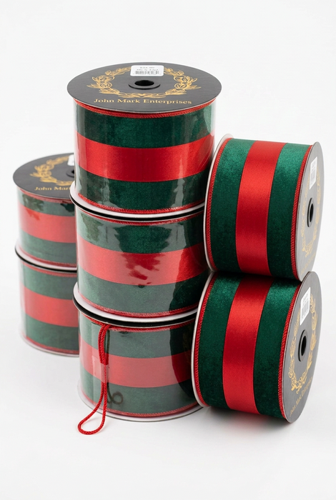Satin Stripe DBL Fused Green/Red John Mark Ribbon: 4 in wide x 10yd