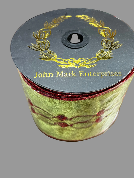 Apple Velvet Red Metallic Dupion Jeweled-4x5yd John Mark Ribbon: 4in wide x 5yd