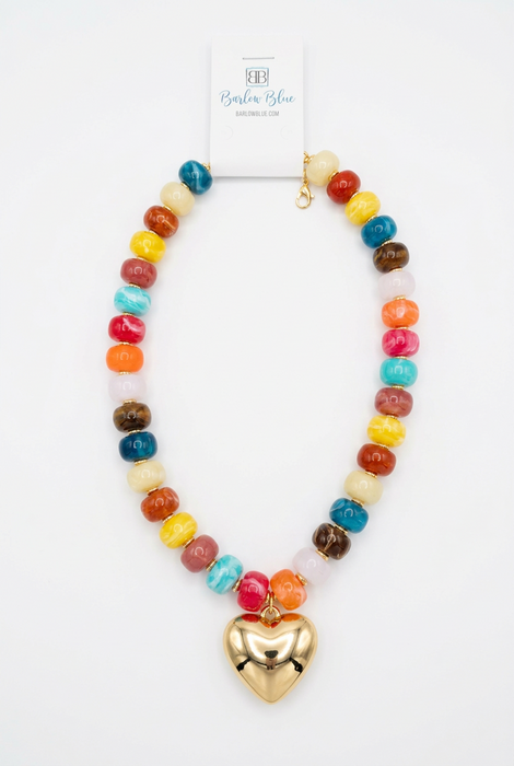 Multicolor Heart Charm Chunky Beaded Necklace with Thin Gold Separating Beads