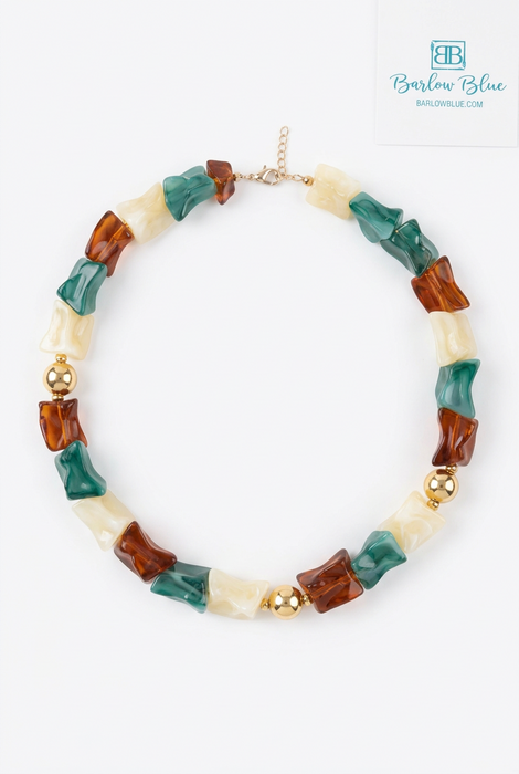 Rust, Turquoise, and Cream Detailed Beaded Necklace with Gold Accent