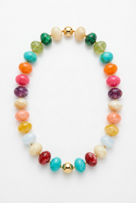 Egg Shaped Multicolor Chunky Beaded Necklace with Gold Accent