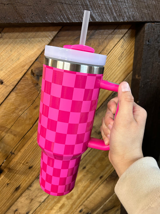 Pink Checkered 40oz Tumbler with Handle