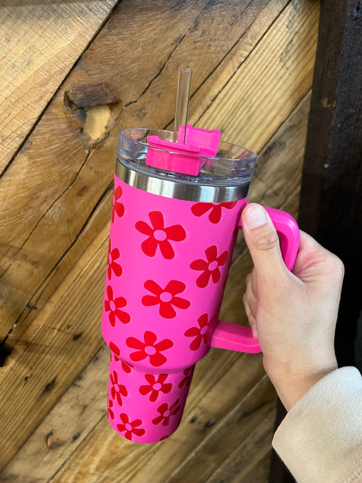 Red and Pink Floral 40oz Tumbler with Handle
