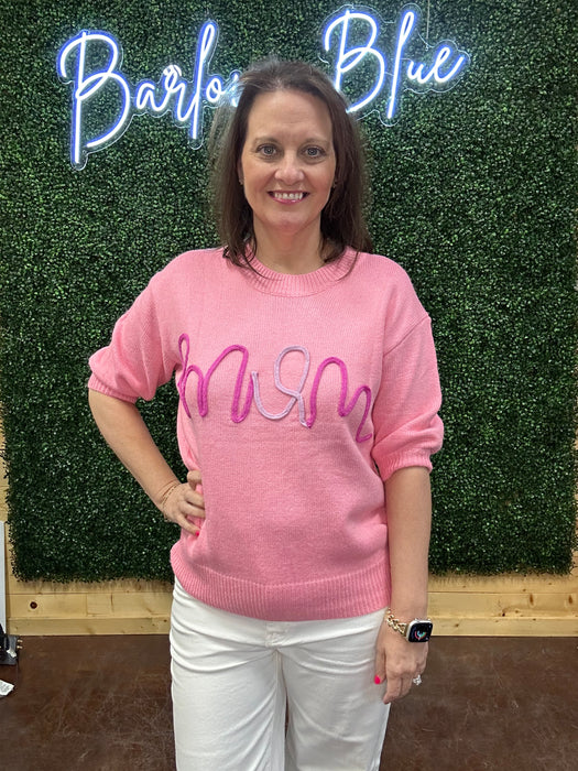 Pink Short Sleeve Sweater with "MOM'' in script