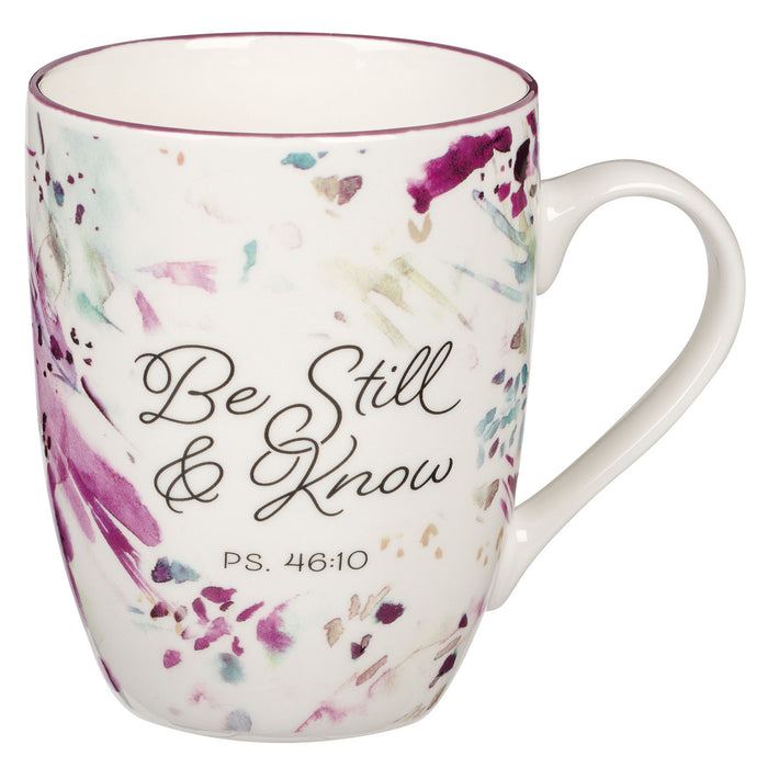 Be Still and Know Abstract Purple Floral Ceramic Coffee Mug - Psalm 46:10