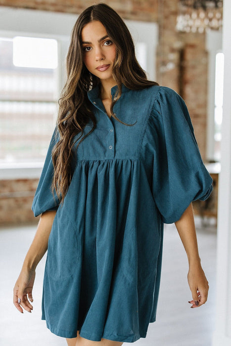 Teal Corduroy Button Front Dress
