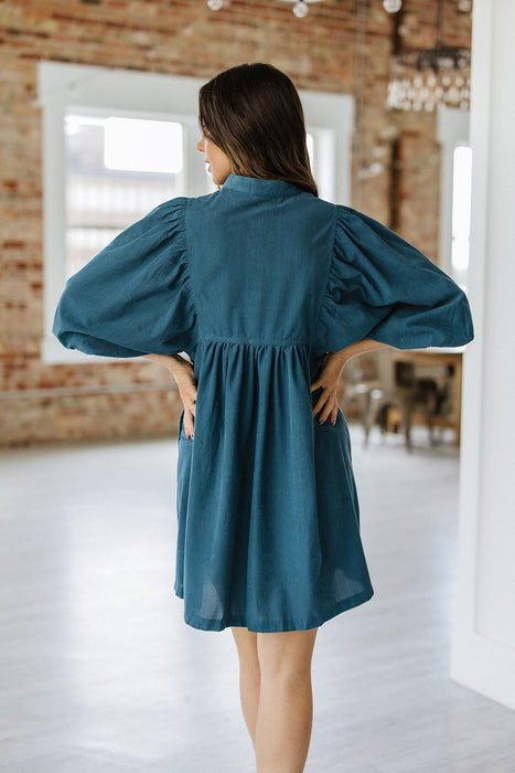 Teal Corduroy Button Front Dress