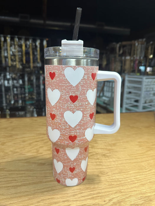 Red & White Hearts 40oz Tumbler with Handle