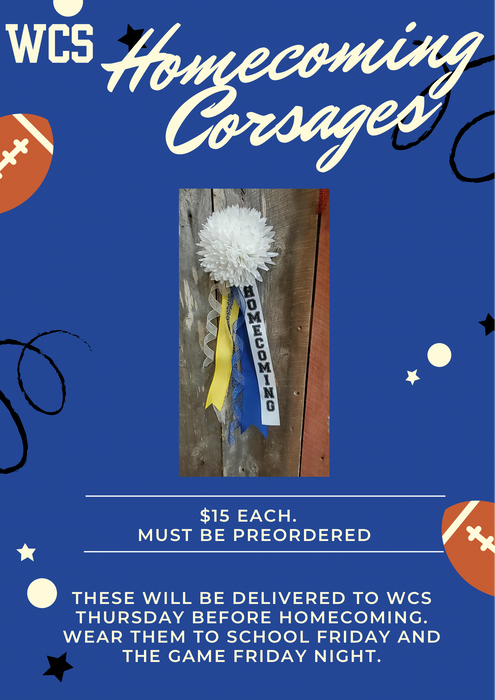 Winona Christian Homecoming Corsages.  Free Delivery to WCS on 9/25.  Deadline to order is 9/23.