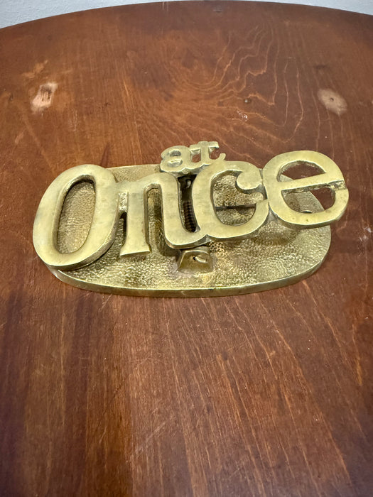 Vintage Brass “At Once” Desk Paperweight & Large Paper Clip – Office Desk Sign