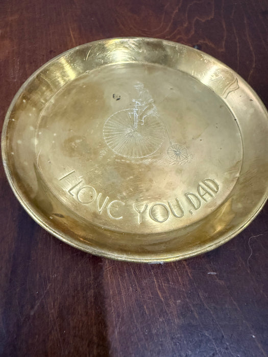 Vintage Brass “I Love You Dad” Trinket Dish – Engraved Bicycle Penny-Farthing Design