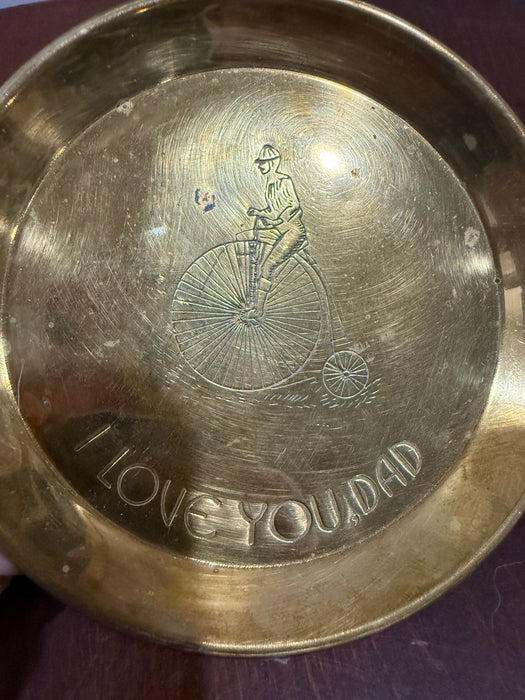 Vintage Brass “I Love You Dad” Trinket Dish – Engraved Bicycle Penny-Farthing Design