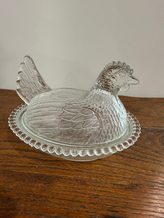 Vintage Indiana Glass Hen on Nest Covered Dish – Clear Beaded Edge Chicken Candy Dish