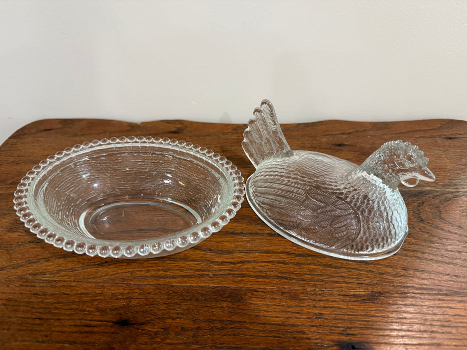 Vintage Indiana Glass Hen on Nest Covered Dish – Clear Beaded Edge Chicken Candy Dish