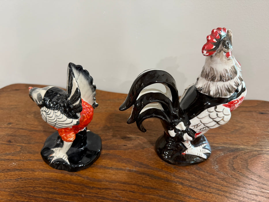 Vintage Rooster and Hen Ceramic Figurines – Red, Black & White Farmhouse Pair Set of 2