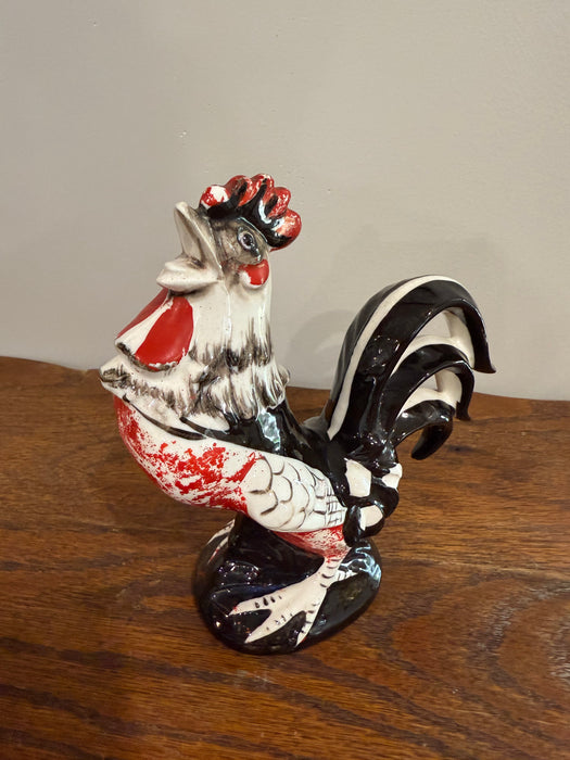 Vintage Rooster and Hen Ceramic Figurines – Red, Black & White Farmhouse Pair Set of 2
