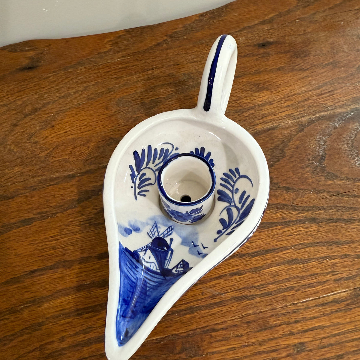 Hand-Painted Delft Blue Ceramic Chamberstick Candle Holder