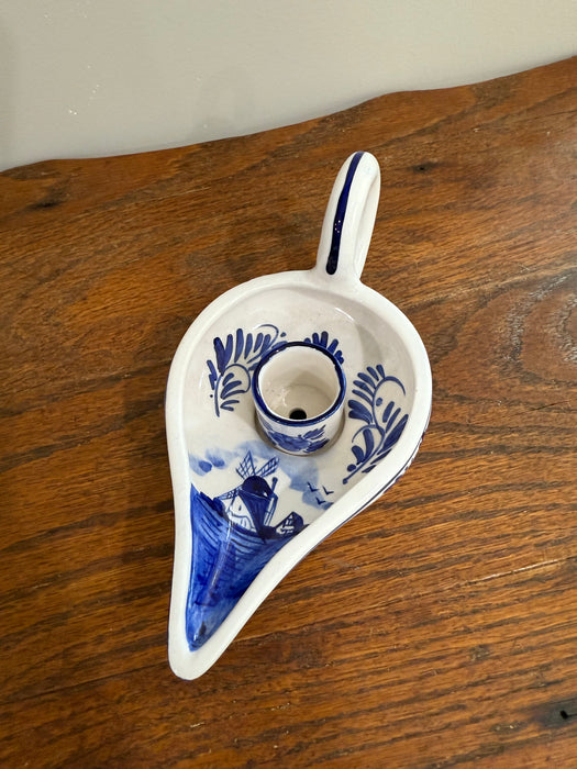 Hand-Painted Delft Blue Ceramic Chamberstick Candle Holder – Windmill Scene.  Aladdin Lamp
