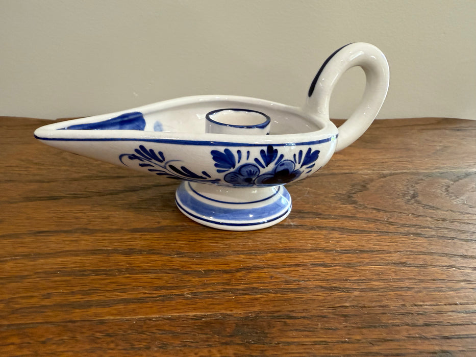 Hand-Painted Delft Blue Ceramic Chamberstick Candle Holder – Windmill Scene.  Aladdin Lamp