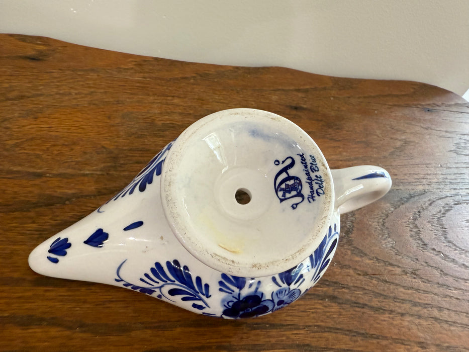 Hand-Painted Delft Blue Ceramic Chamberstick Candle Holder – Windmill Scene.  Aladdin Lamp