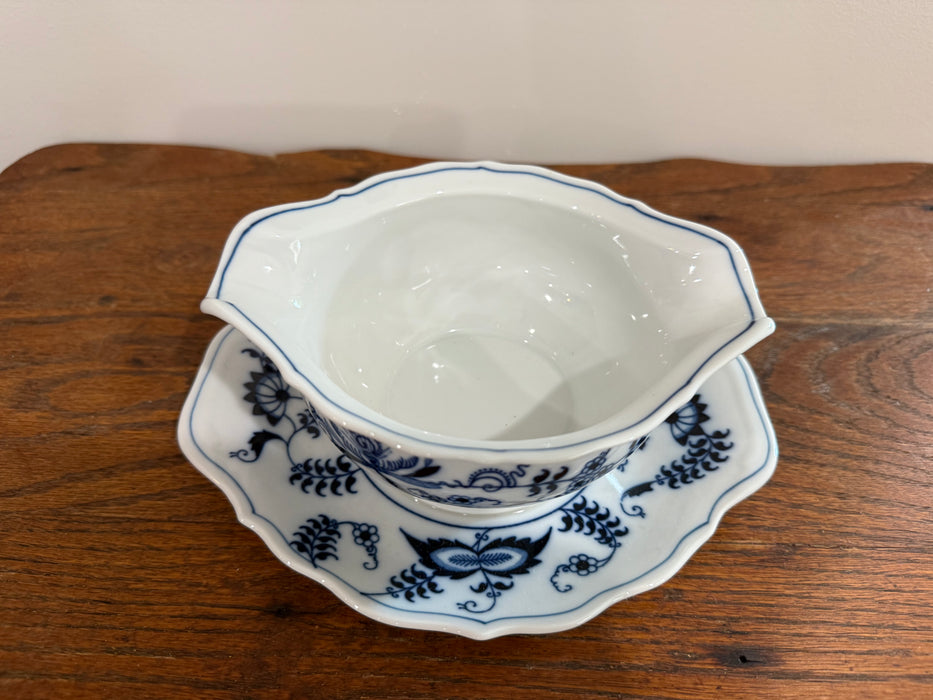 Vintage Blue Danube Blue Onion Porcelain Gravy Boat with Attached Underplate