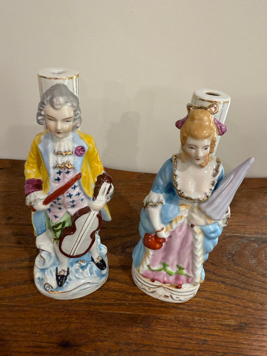 Vintage Colonial Couple Porcelain Lamp Bases – Hand-Painted Man & Woman Figurines with Gold Trim.  Set of 2.