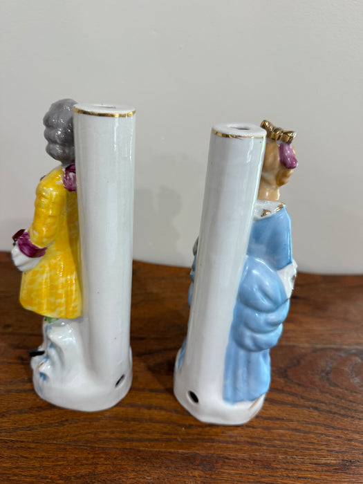 Vintage Colonial Couple Porcelain Lamp Bases – Hand-Painted Man & Woman Figurines with Gold Trim.  Set of 2.