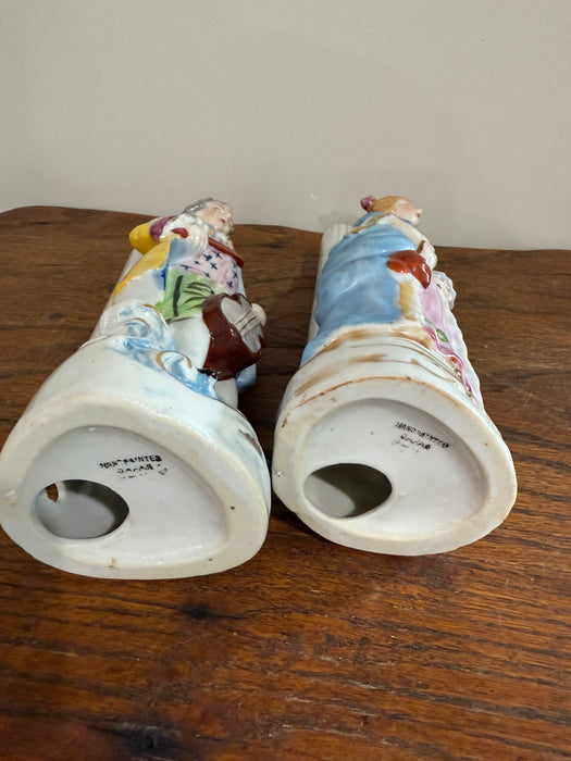 Vintage Colonial Couple Porcelain Lamp Bases – Hand-Painted Man & Woman Figurines with Gold Trim.  Set of 2.