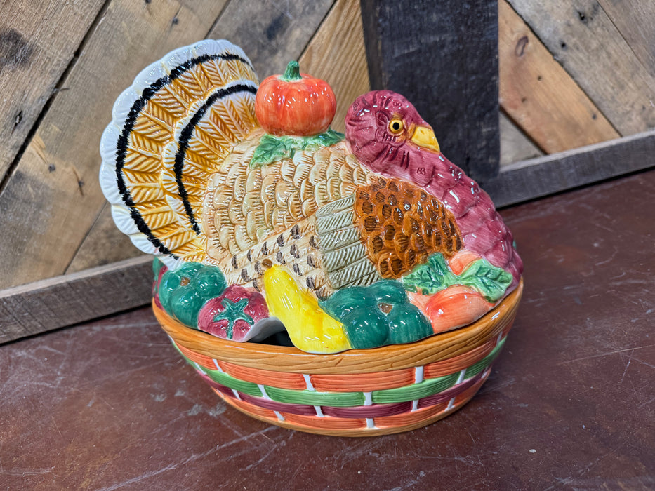 Large (9” Tall) Vintage Turkey Shaped Soup Tureen, Centerpiece, Veggie Bowl with Veggie Accents