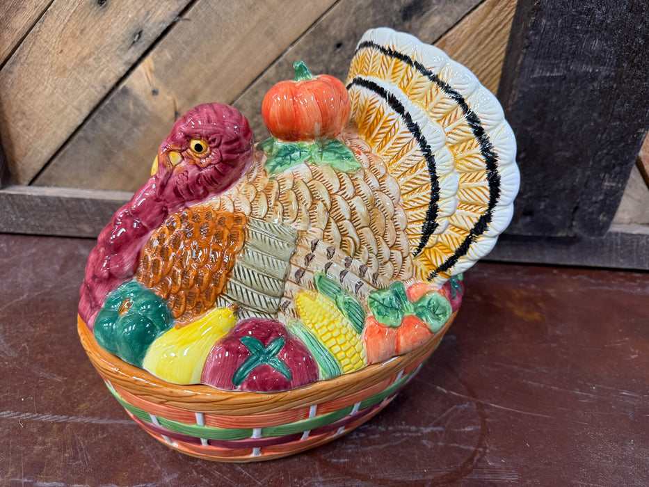 Large (9” Tall) Vintage Turkey Shaped Soup Tureen, Centerpiece, Veggie Bowl with Veggie Accents