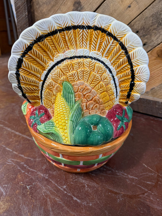 Large (9” Tall) Vintage Turkey Shaped Soup Tureen, Centerpiece, Veggie Bowl with Veggie Accents