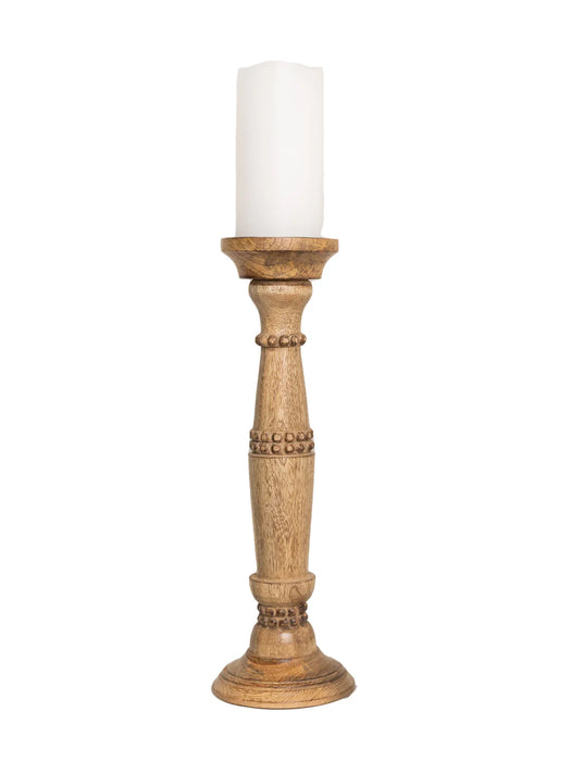 Natural Wood Candlestick with Beaded Detail by Mary Square.  16” x 4”