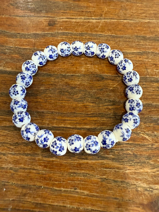 Porcelain Blue & White Chinoiserie Beaded Stretch Bracelets.  Multiple Styles.