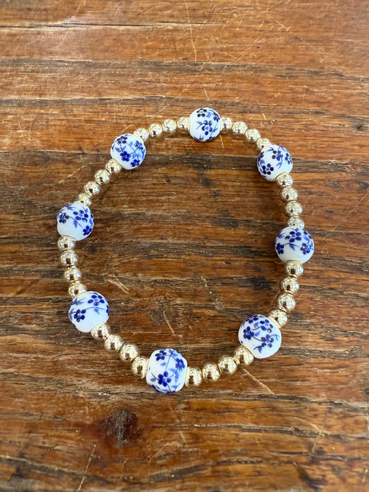 Porcelain Blue & White Chinoiserie Beaded Stretch Bracelets.  Multiple Styles.