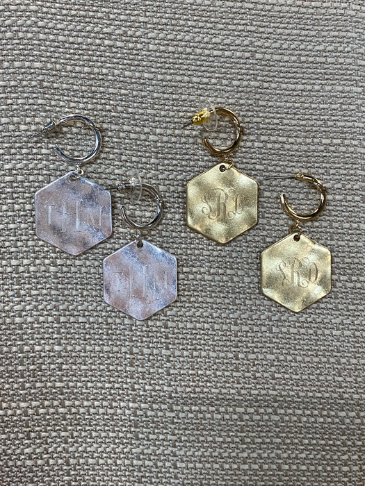 Hexagon Monogram Earrings on Hoops ~Silver or Gold. Simplistic Jewelry.