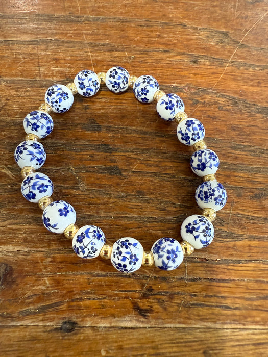 Porcelain Blue & White Chinoiserie Beaded Stretch Bracelets.  Multiple Styles.