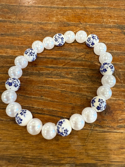 Porcelain Blue & White Chinoiserie Beaded Stretch Bracelets.  Multiple Styles.