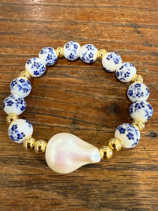 Porcelain Blue & White Chinoiserie Beaded Stretch Bracelets.  Multiple Styles.