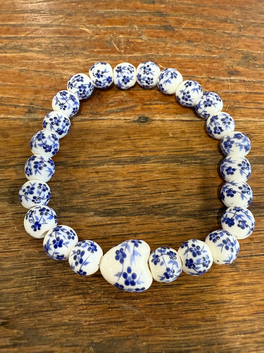 Porcelain Blue & White Chinoiserie Beaded Stretch Bracelets.  Multiple Styles.