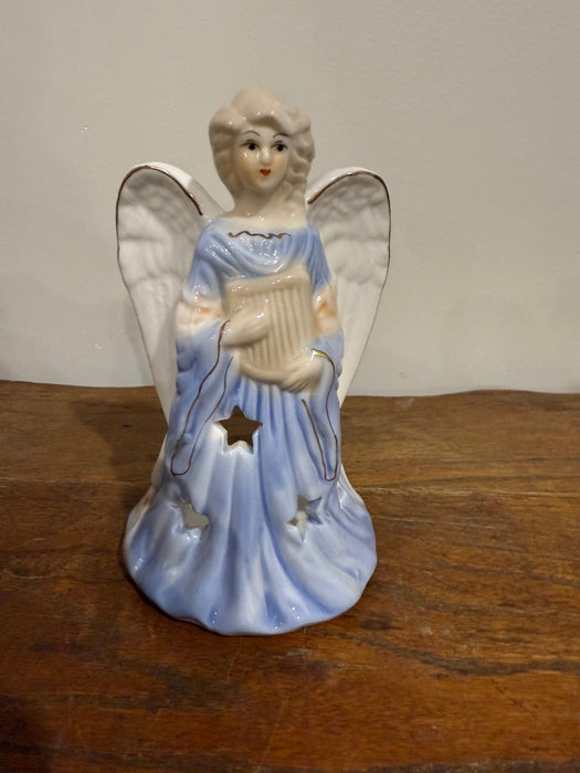 Vintage Hand-Painted Ceramic Angel Luminary – Blue & White – Dated 1998