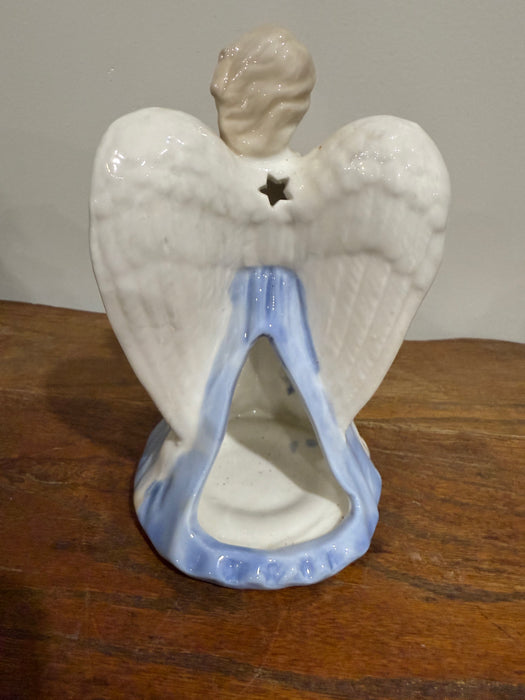 Vintage Hand-Painted Ceramic Angel Luminary – Blue & White – Dated 1998