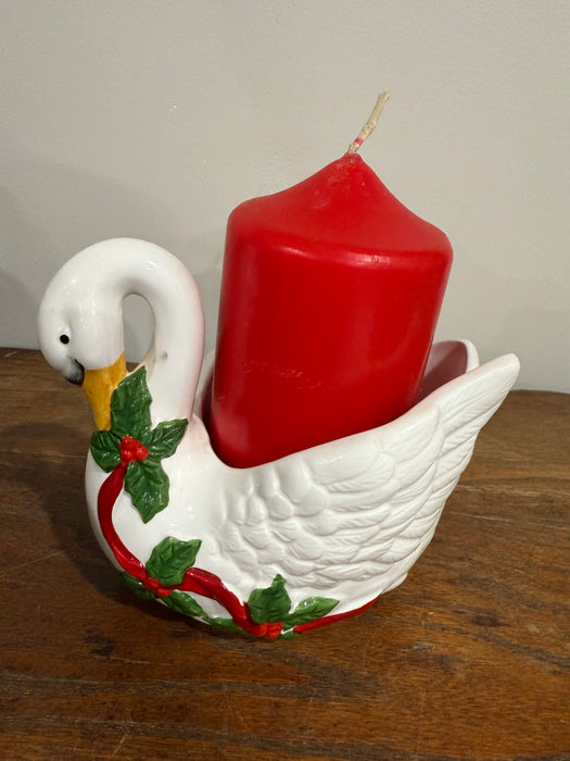 Vintage Ceramic Christmas Swan Candle Holder – White Swan with Holly & Red Ribbon