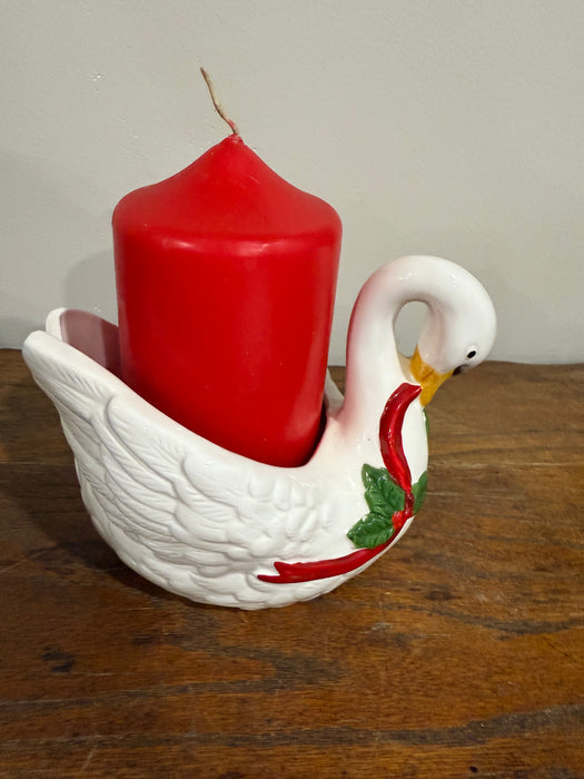 Vintage Ceramic Christmas Swan Candle Holder – White Swan with Holly & Red Ribbon