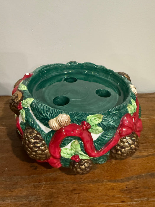 Vintage Ceramic Christmas Candle Holder – Pinecones & Red Ribbon